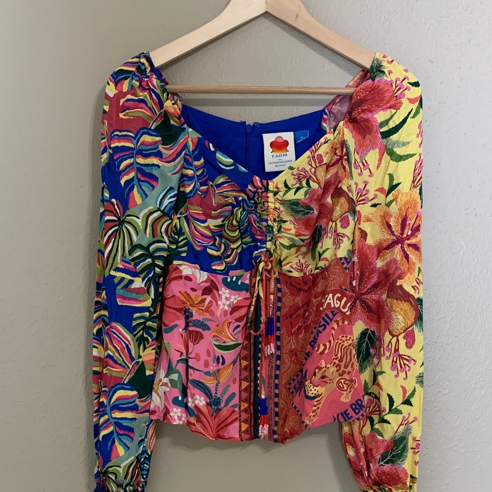 FARM Rio Printed Puff Sleeve Blouse Multicolor Floral size XS